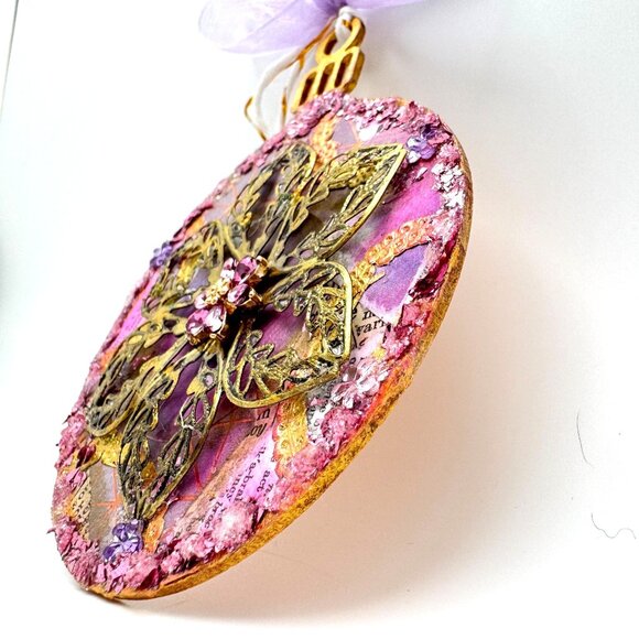 Handcrafted Ornament OOAK Vintage-Inspired Collage Gold Flower & Purple Accents - Picture 2 of 7